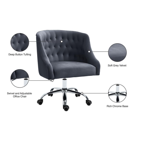 Meridian Furniture Arden Swivel Adjustable Gray Velvet and Chrome Office Chair