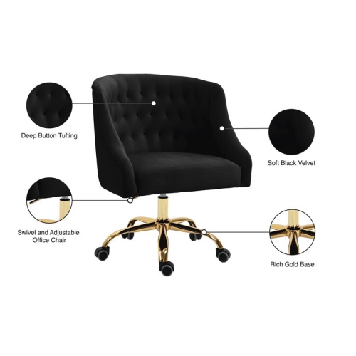 Meridian Furniture Arden Swivel Adjustable Black Velvet and Gold Office Chair