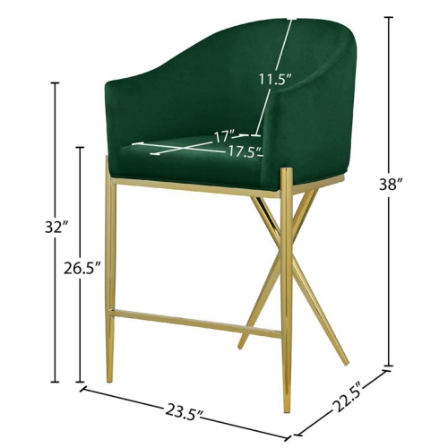 Meridian Furniture Xavier Green Velvet Counter Stool with Gold Metal Legs