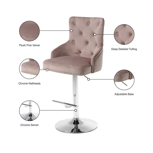 Meridian Furniture Claude 34.5"H Velvet Adjustable Bar Stool in Pink