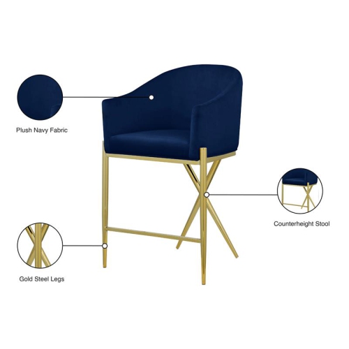 Meridian Furniture Xavier Navy Velvet Counter Stool with Gold Metal Legs