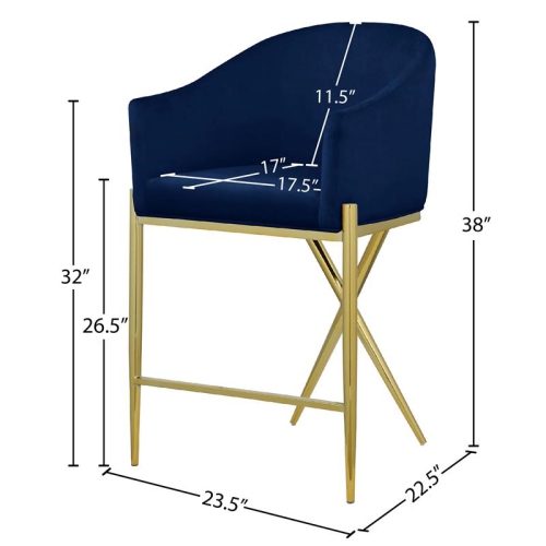 Meridian Furniture Xavier Navy Velvet Counter Stool with Gold Metal Legs