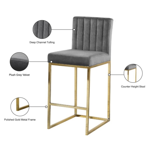 Meridian Furniture Giselle 26"H Velvet Counter Stool in Gray