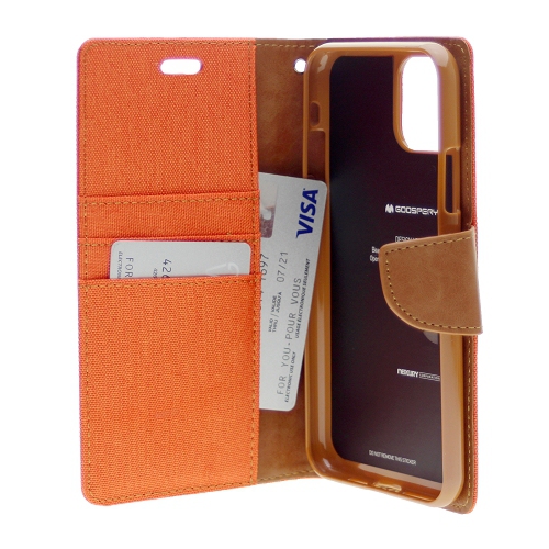 TopSave Goospery CANVAS Card Holder Fabric Folio Wallet Flip Case For iPhone 14 Pro Max, Orange