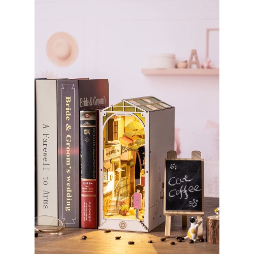 DIY Book Nook Kit Bookend Stand Bookshelf Insert Bookcase Book Stand Miniature House Kit with Sensor Light 3D Wooden Puzzle Model Building Kit -