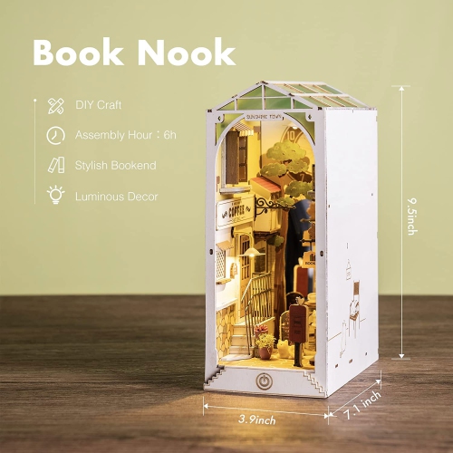 DIY Book Nook Kit Bookend Stand Bookshelf Insert Bookcase Book Stand Miniature House Kit with Sensor Light 3D Wooden Puzzle Model Building Kit -