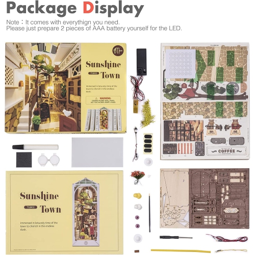 DIY Book Nook Kit Bookend Stand Bookshelf Insert Bookcase Book Stand Miniature House Kit with Sensor Light 3D Wooden Puzzle Model Building Kit -