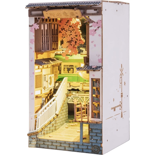TRADEOPIA  Diy Book Nook Kit Decorative Bookend Insert Bookcase Book Stand Miniature House Kit With Led Light - Sakura Tram