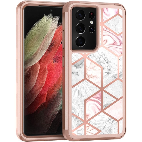 QUALITY CELLULAR  Heavy Duty Full-Body Armor Shockproof Bumper Hard Back Geometric Marble Phone Case for Samsung Galaxy S21 Ultra Sm-G998