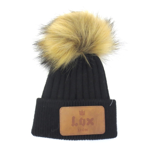 Lox Lion Single Pom Pom Angora Wool Winter Baby Toque - Black