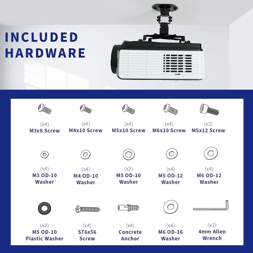 Universal Adjustable Ceiling Projector Mount for Regular and Mini Projectors, Projection Mount with Extending Arms, Black, MOUNT-VP01B