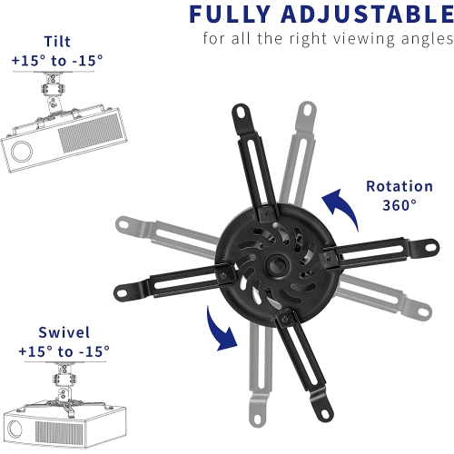 Universal Adjustable Ceiling Projector Mount for Regular and Mini Projectors, Projection Mount with Extending Arms, Black, MOUNT-VP01B