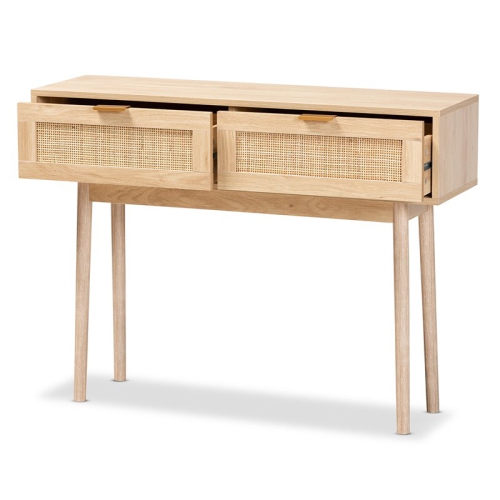 Bowery Hill Light Oak Brown Finished Wood and Rattan 2-Drawer Console Table