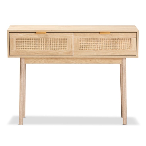 Bowery Hill Light Oak Brown Finished Wood and Rattan 2-Drawer Console Table