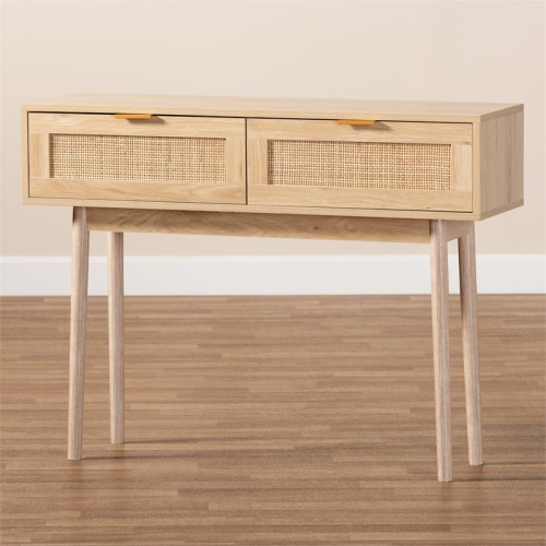 Bowery Hill Light Oak Brown Finished Wood and Rattan 2-Drawer Console Table
