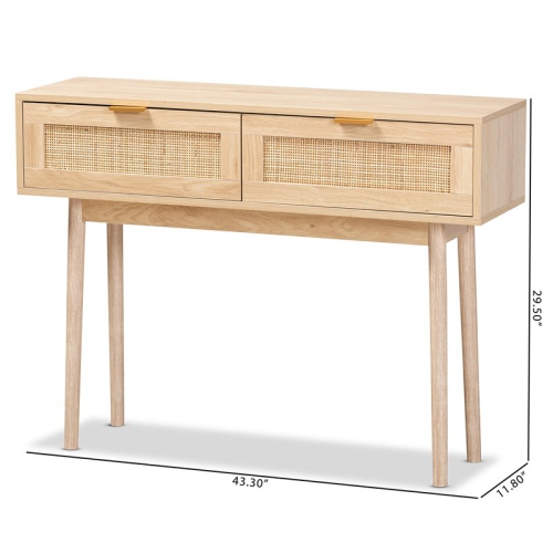 Bowery Hill Light Oak Brown Finished Wood and Rattan 2-Drawer Console Table