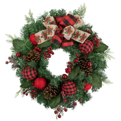 NORTHLIGHT  Pine Artificial Christmas Wreath With Bows And Plaid Ornaments - 24" - Unlit