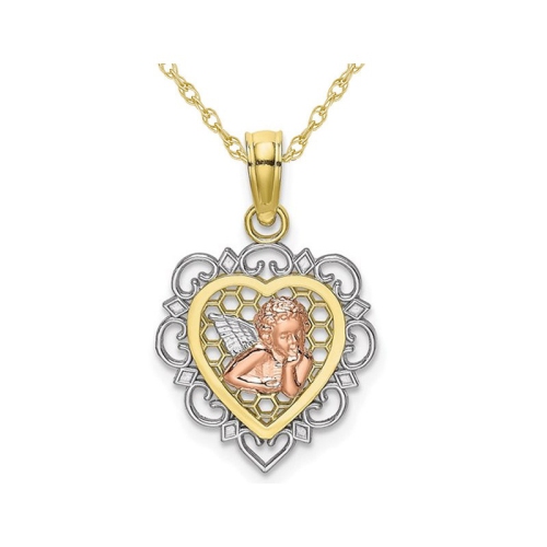 10K Tri-Color Gold Angel Heart Pendant Necklace with Chain