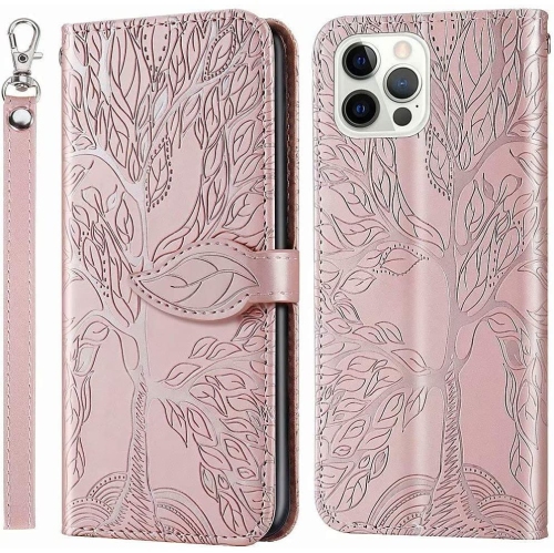 QUALITY CELLULAR  Premium Pu Leather Embossed Tree Wallet Phone Case With Card Slots And Wrist Strap for Iphone 12 Pro Max A2410 A2342