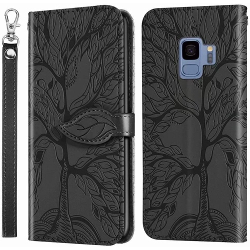 Premium PU Leather Embossed Tree Wallet Phone Case with card slots and wrist strap for Samsung Galaxy S9 SM-G960