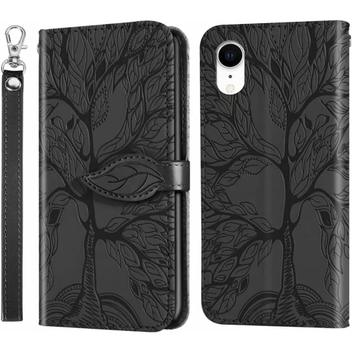 Premium PU Leather Embossed Tree Wallet Phone Case with card slots and wrist strap for iPhone XR A1984 A2105