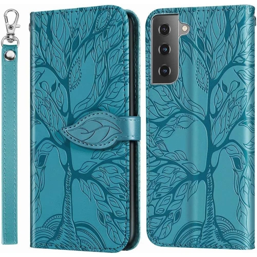 Premium PU Leather Embossed Tree Wallet Phone Case with card slots and wrist strap for Samsung Galaxy S21 SM-G991