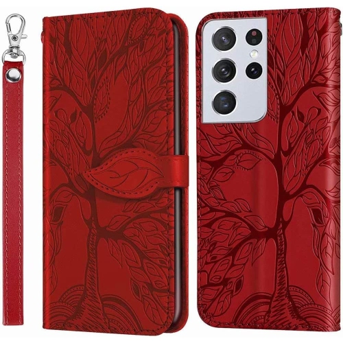 QUALITY CELLULAR  Premium Pu Leather Embossed Tree Wallet Phone Case With Card Slots And Wrist Strap for Samsung Galaxy S21 Ultra Sm-G998