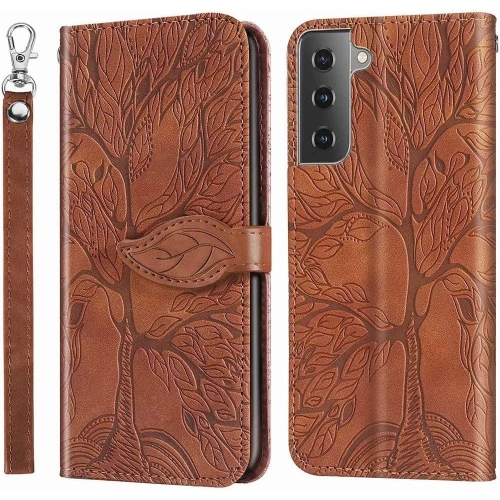 Premium PU Leather Embossed Tree Wallet Phone Case with card slots and wrist strap for Samsung Galaxy S21 SM-G991