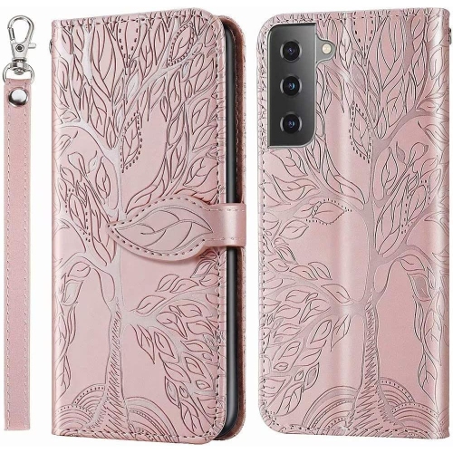 Premium PU Leather Embossed Tree Wallet Phone Case with card slots and wrist strap for Samsung Galaxy S21 SM-G991