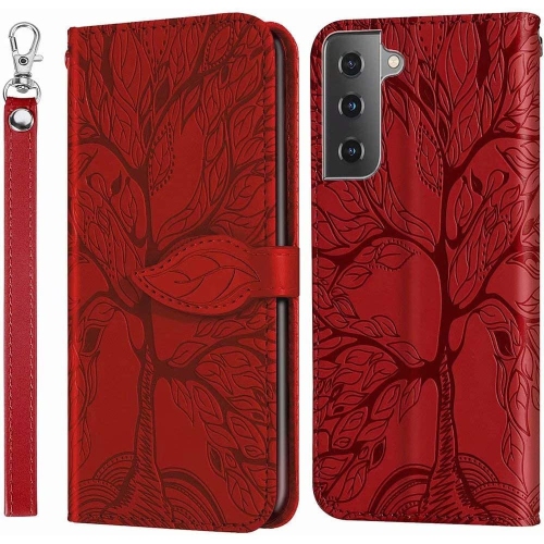 QUALITY CELLULAR  Premium Pu Leather Embossed Tree Wallet Phone Case With Card Slots And Wrist Strap for Samsung Galaxy S21 Sm-G991