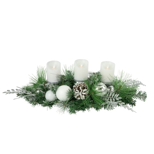 30" Green Pine and Needle Triple Candle Holder with Pinecones and Christmas Ornaments
