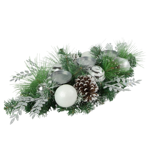30" Green Pine and Needle Triple Candle Holder with Pinecones and Christmas Ornaments