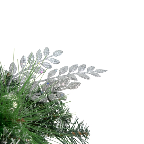 30" Green Pine and Needle Triple Candle Holder with Pinecones and Christmas Ornaments