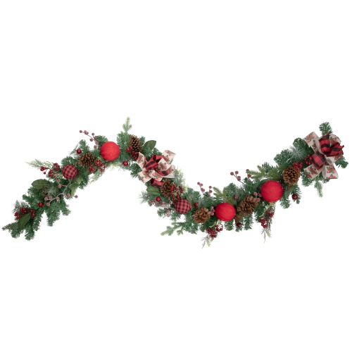 NORTHLIGHT  6' Pine Artificial Christmas Garland With Plaid Ornaments And Bows In Green