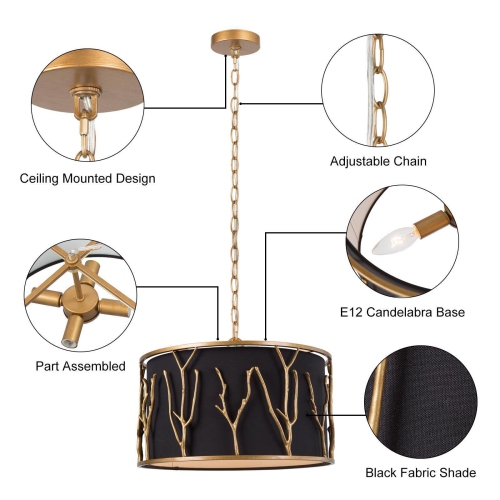 Modern 4-Light Gold Drum Shaded Chandelier