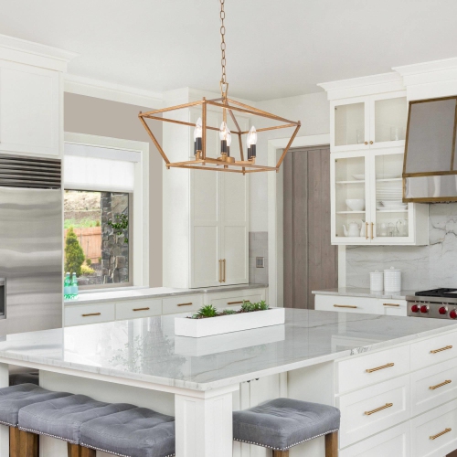 Modern Gold 6-Light Lantern Linear Chandelier Island Pendant