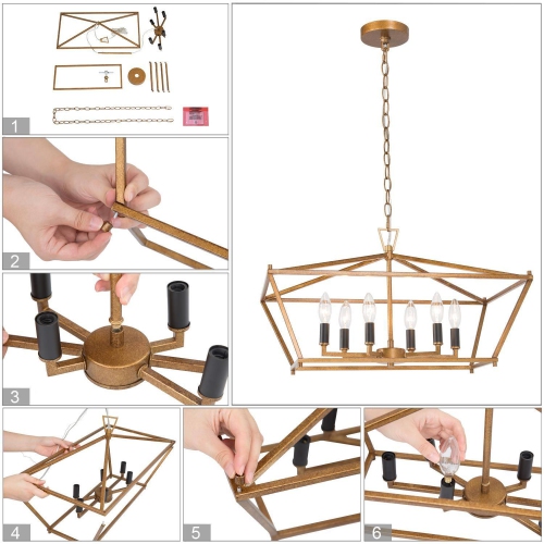 Modern Gold 6-Light Lantern Linear Chandelier Island Pendant