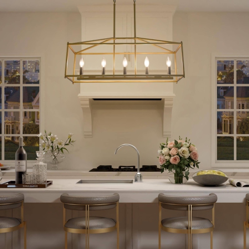 Modern Gold 5-Light Lantern Linear Chandelier Island Pendant