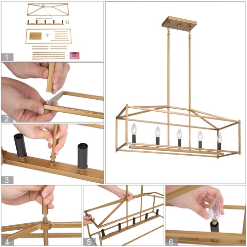 Modern Gold 5-Light Lantern Linear Chandelier Island Pendant