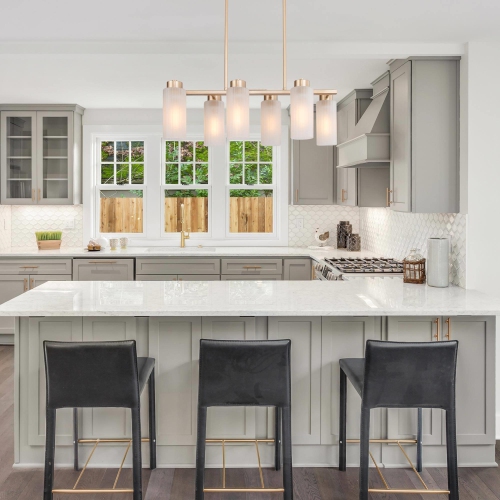 Modern Gold 6-Light Linear Island Chandelier with Seeded Glass shade