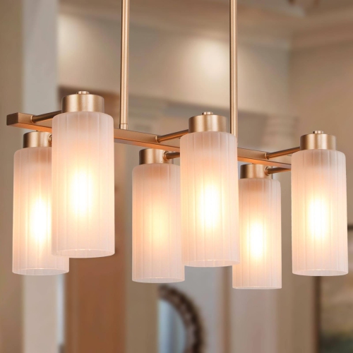 Modern Gold 6-Light Linear Island Chandelier with Seeded Glass shade