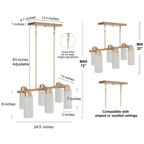 Modern Gold 6-Light Linear Island Chandelier with Seeded Glass shade