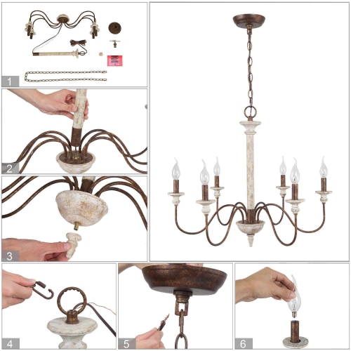 6-Light Farmhouse Wood Classic Candle French Country Chandelier