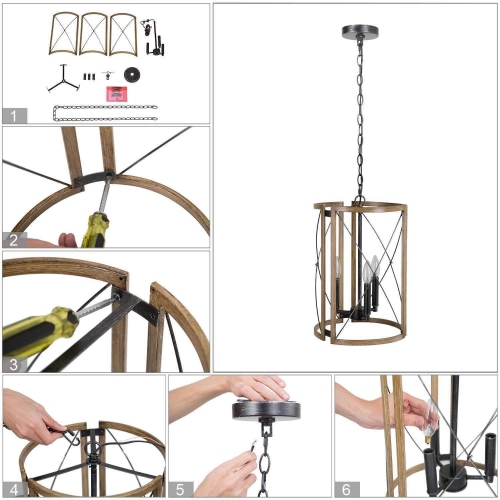 Modern Farmhouse 3-Light Lantern Wood Chandelier for Kitchen Island