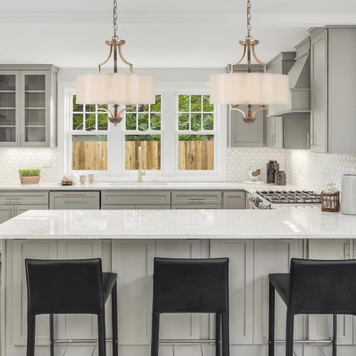 Modern Gold 3-Light Shaded Drum Chandelier