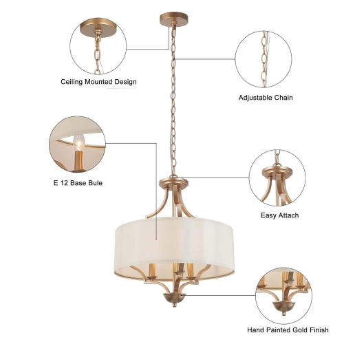 Modern Gold 3-Light Shaded Drum Chandelier