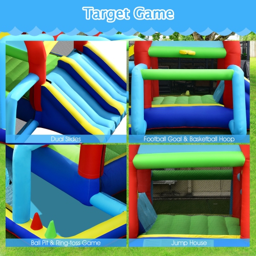 Topbuy Inflatable Bounce House 7-in-1 Kids Bouncer w/ Dual Slides, Jumping Area Football Goal Basketball Hoop Ball Blower Excluded