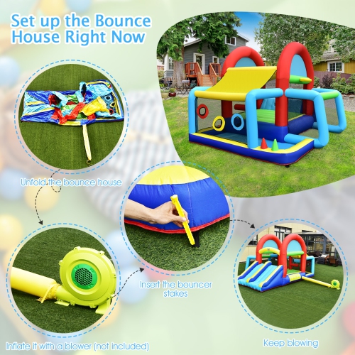 Topbuy Inflatable Bounce House 7-in-1 Kids Bouncer w/ Dual Slides, Jumping Area Football Goal Basketball Hoop Ball Blower Excluded