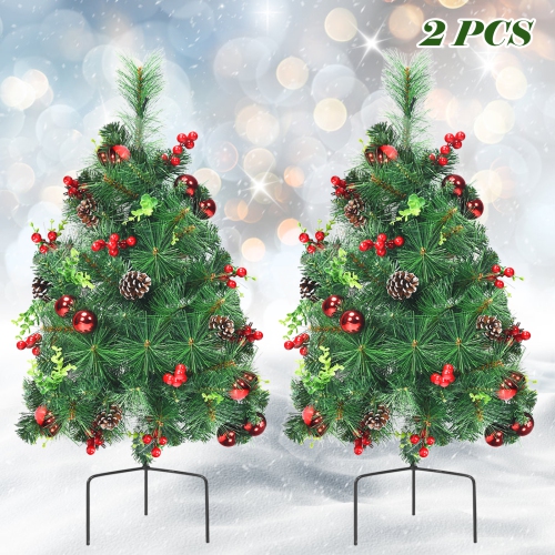 TOPBUY  Set Of 2 2Ft Pre-Lit Pathway Artificial Christmas Trees With 30 Led Lights 8 Light Modes