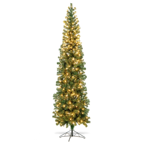 Topbuy 7 FT Pre-lit Half-Shape Christmas Tree Artificial Xmas Tree w/450 Branch Tips & 150 Warm White LED Lights, Seasonal Holiday Decoration tree